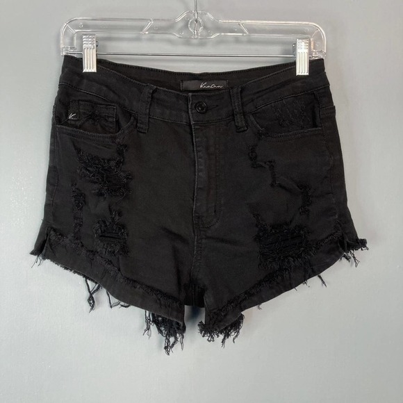 Kancan Black Distressed Destroyed Ripped Denim Raw Hem Jean Shorts Size 27 - Picture 1 of 16